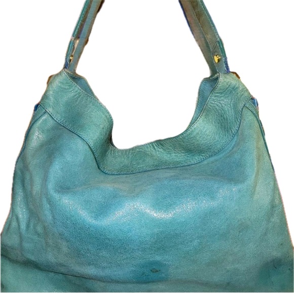 Tory Burch Vintage Green Shimmer Leather Blue Beaded Hobo Shoulder tote bag - Picture 7 of 16